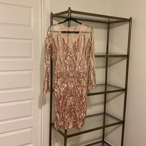 Sheer, sequined dress. Nude and champagne/rose gold colors. Fashionova 1x.